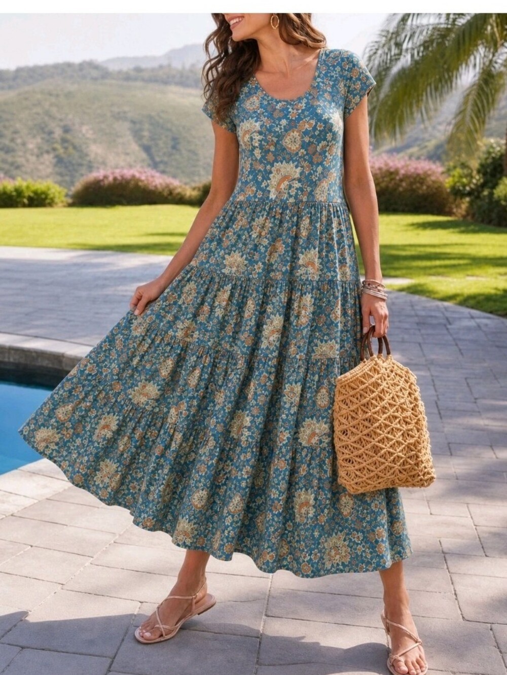 Soft Surroundings 1X Nwt Teal Blue Floral Tiered Maxi Dress